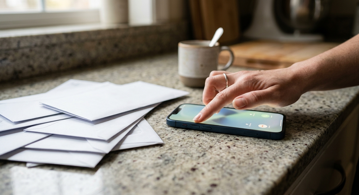 a close-up of a hand pressing the side button to silence a glowing smartphone resting on a granite kitchen counter next to a scattered pile of unopened envelope
