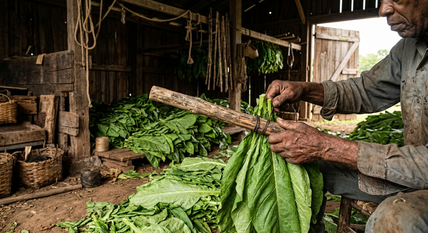 hands manually tying large, fresh green tobacco leaves onto a rustic wooden stick, surrounded by piles of harvested leaves inside a weathered wooden barn typica