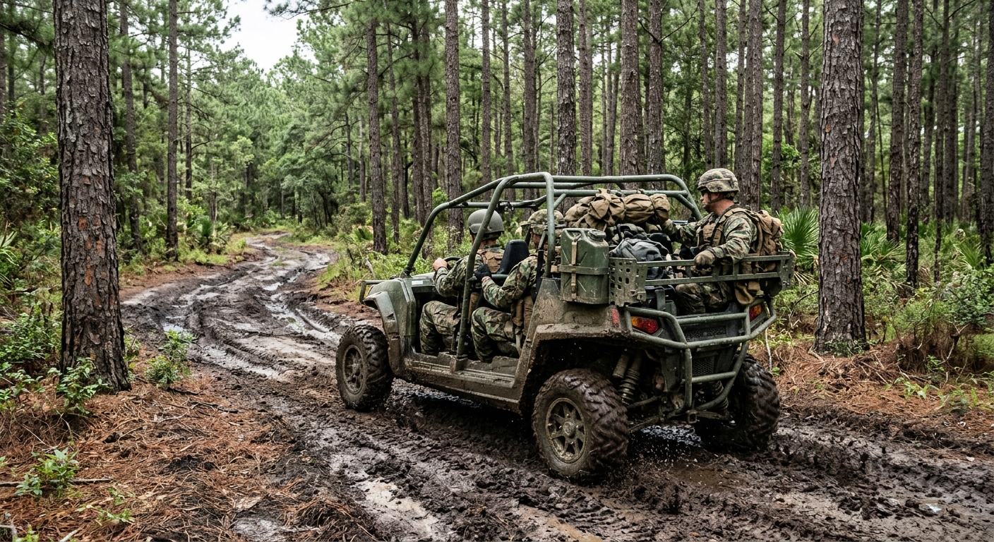 a lightweight, doorless, open-air tactical military off-road vehicle driving along a muddy dirt trail through a dense southeastern pine forest, carrying soldier