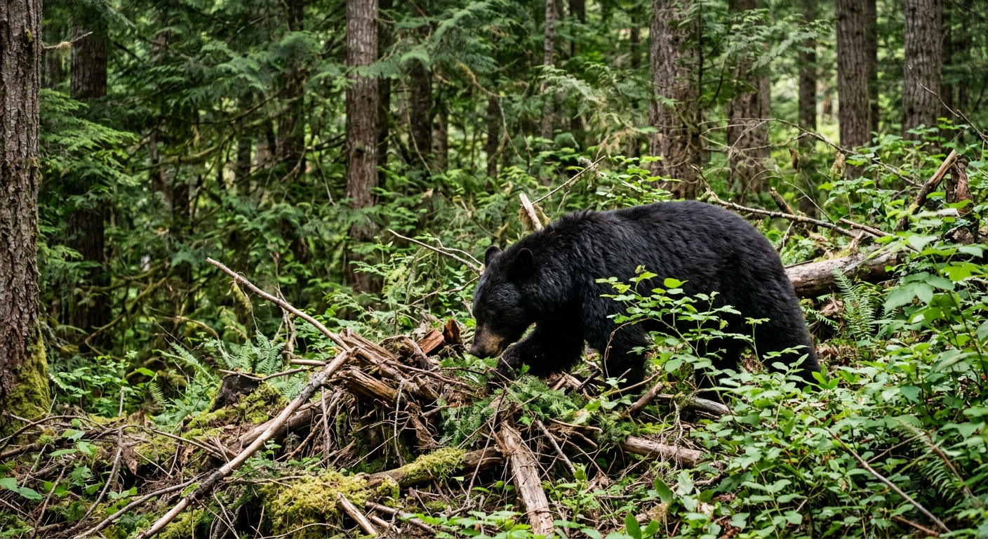 a large black bear foraging among fallen branches and thick green underbrush in a dense pine forest, natural everyday lighting, shot on a DSLR camera, slight fi