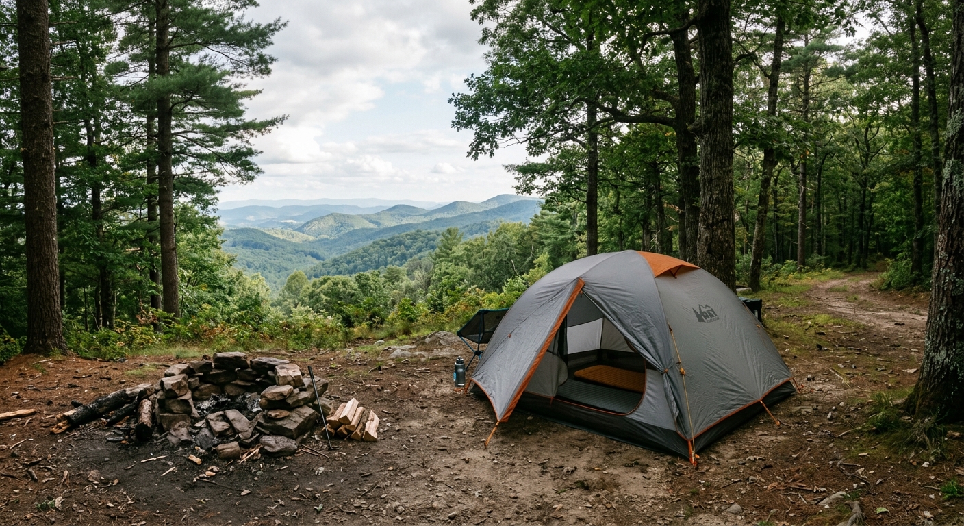 a modern camping tent pitched on a dirt clearing surrounded by tall pine and oak trees with a simple stone fire ring nearby overlooking a rolling mountain ridge
