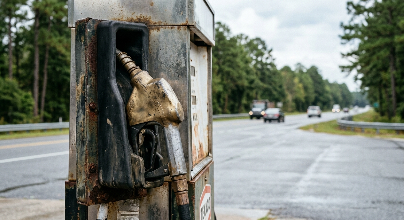 a weathered metal gas pump nozzle resting in its black rubber holster at a roadside fuel station, with a slightly out-of-focus background showing tall pine tree